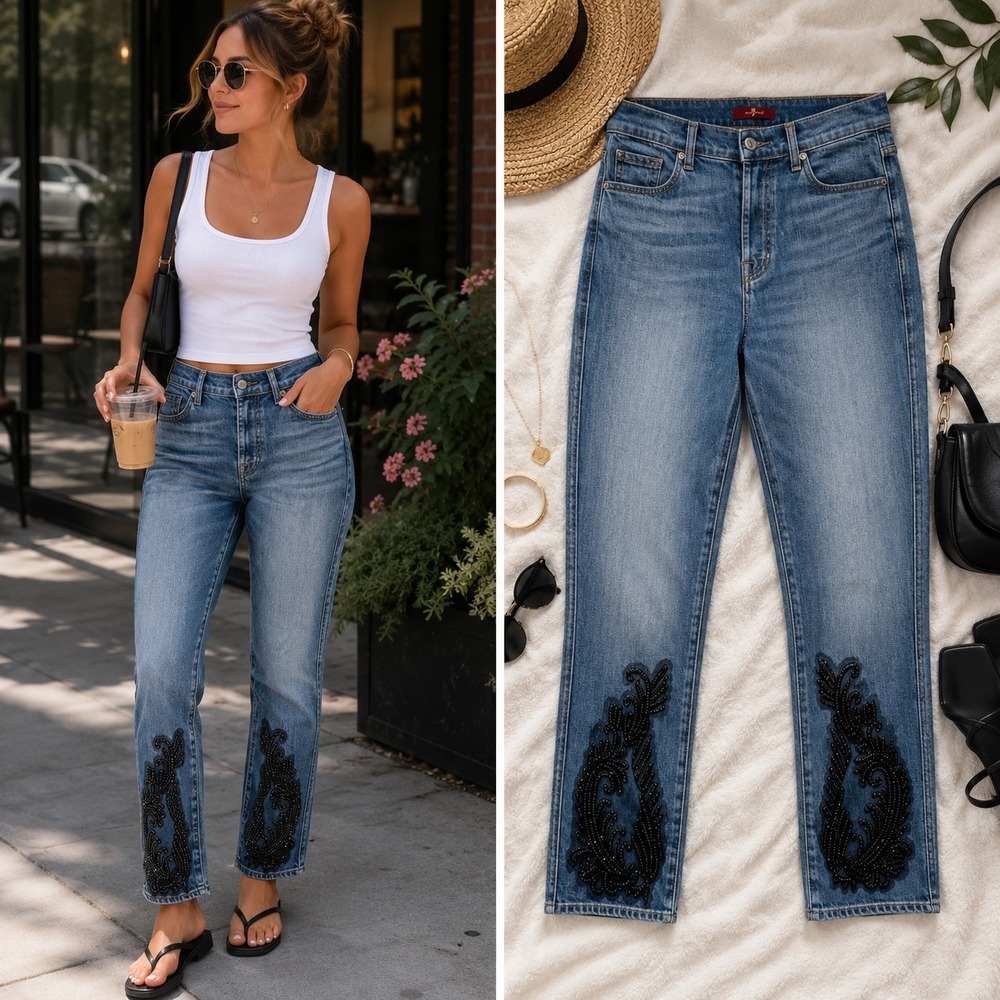7 For All Mankind Beaded Straight Jeans Women's 28 Button Fly Artisan Boho Y2K